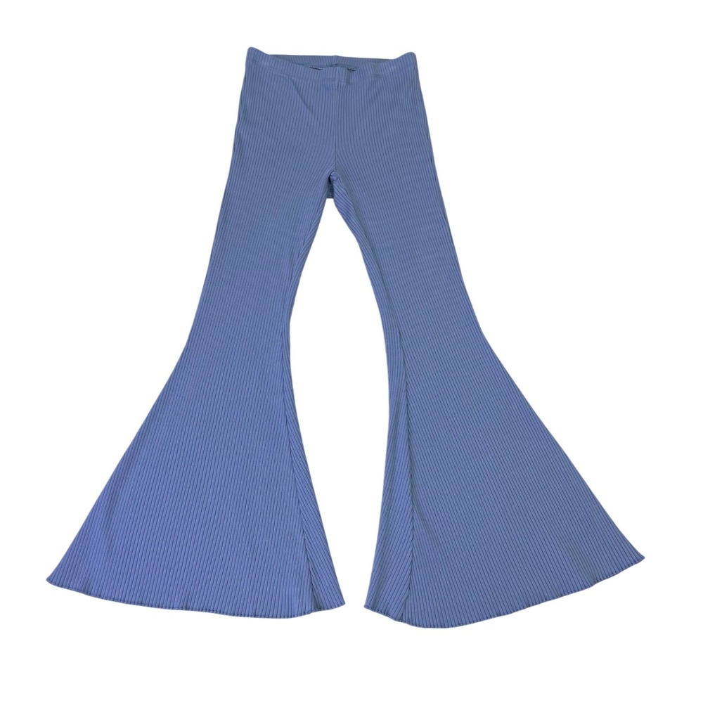 Aerie Ribbed Flare Leggings Small Dusty Blue High Waisted Bell Bottom Pants